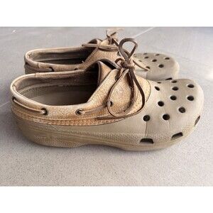 Crocs Islander Pitcrew Boat Shoes Mens 12 Mule Tan Leather Accent Lace Up